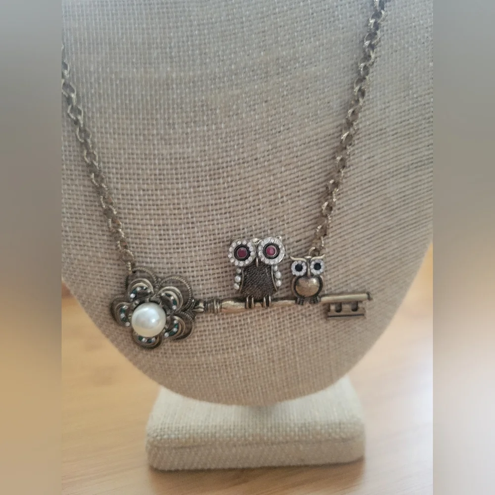 Owl and Key Pendant Necklace with Pearl Accent